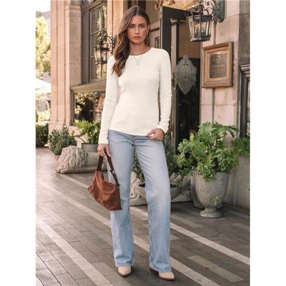 Soft Ribbed Long Sleeve Crewneck Top | Fleece Lined Stretch Tee for Women - Picture 3 of 6